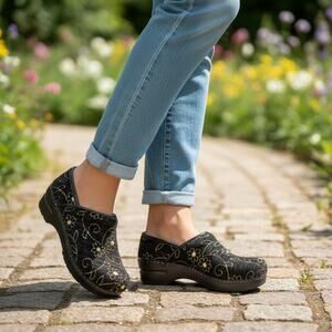 Sanita Women's Professional Black and Gold Tapestry Floral Embroidery Clog - 38